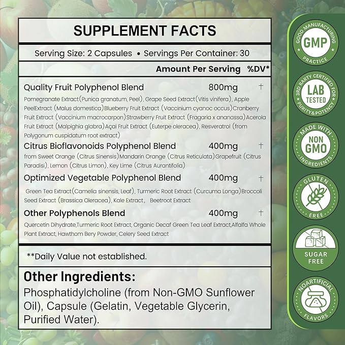 25-in-1 Polyphenols Supplement, 2000MG Powerful Antioxidants & Polyphenol for Age Defense, Polyphenol Superfood, Quercetin, Resveratrol, Plant-Based & Energy, Immune Support, 60 Capsules
