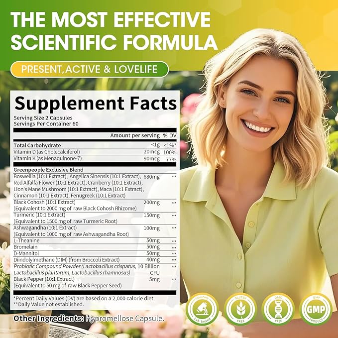 Menopause Supplements for Women - Black Cohosh & Ashwagandha for Hot Flashes, Night Sweats, Mood Swings, Hormonal Balance Support,10 Billion CFU Probiotic - 90 Capsules Vegan Gluten-Free