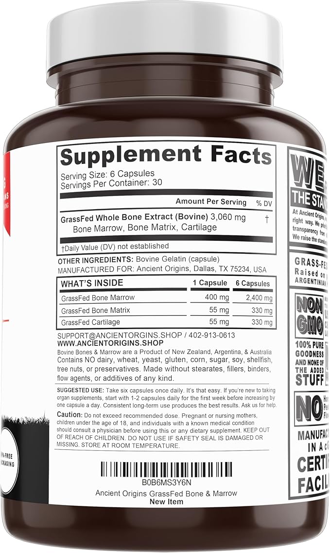 Grass Fed Bone Marrow Supplement, 3060mg, Skin, Oral Health, and Joint Support Supplement, Promotes Whole-Body Wellness, Non GMO Whole Bone Extract, 180 Capsules