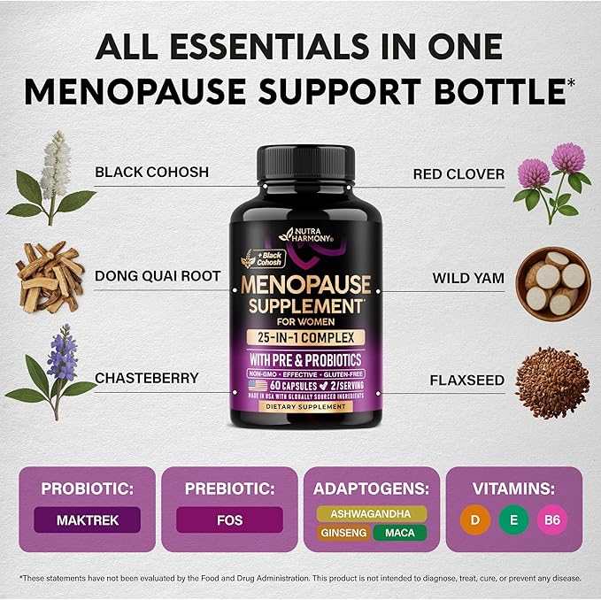 Menopause Supplements for Women - Dong Quai, Black Cohosh, Pre & Probiotics - Sweats & Hot Flashes Relief - Digestion, Sleep & Mood Support - 25-in-1 Perimenopause Complex - Made in USA - 60 Capsules