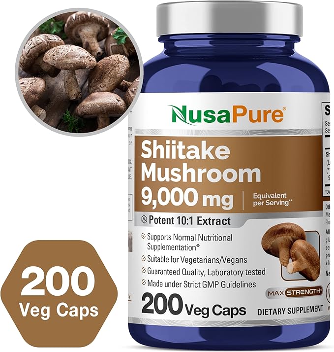 NusaPure Shiitake Mushroom 10:1 Extract, 900 mg Equivalent to 9000mg 200 Veggie Capsules (Non-GMO, Vegan)