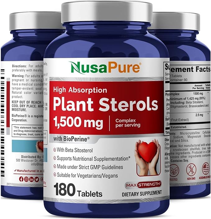 NusaPure Plant Sterols 1500 mg - 180 Tablets (Non-GMO, Vegan) Beta Sitosterol, Bioperine