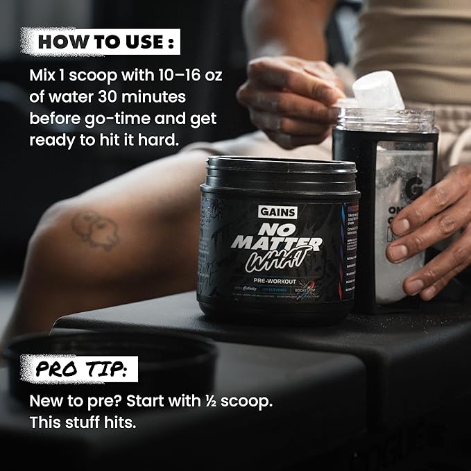 Gains in Bulk No Matter What Pre Workout Powder, with Paraxanthine, Amino Acids & L Theanine, Training Supplement for Athletes & Active Lifestyles, Energy & Focus Support, Rocket Pop, 30 Servings