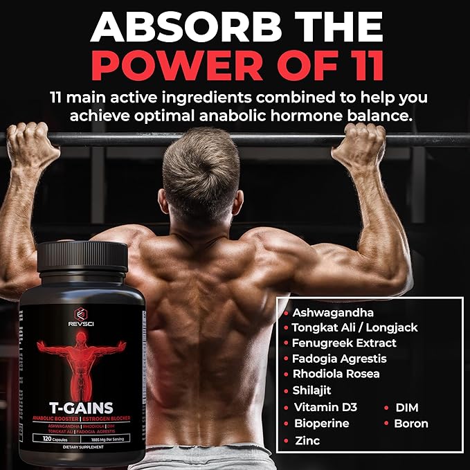 Anabolic Booster for Muscle Growth, T-GAINS Test Booster & Estrogen Blocker for Men, Mens Testosterone Booster Supplement, HGH Supplements Muscle Builder with Tongkat Ali Fadogia Agrestis, 120 Caps