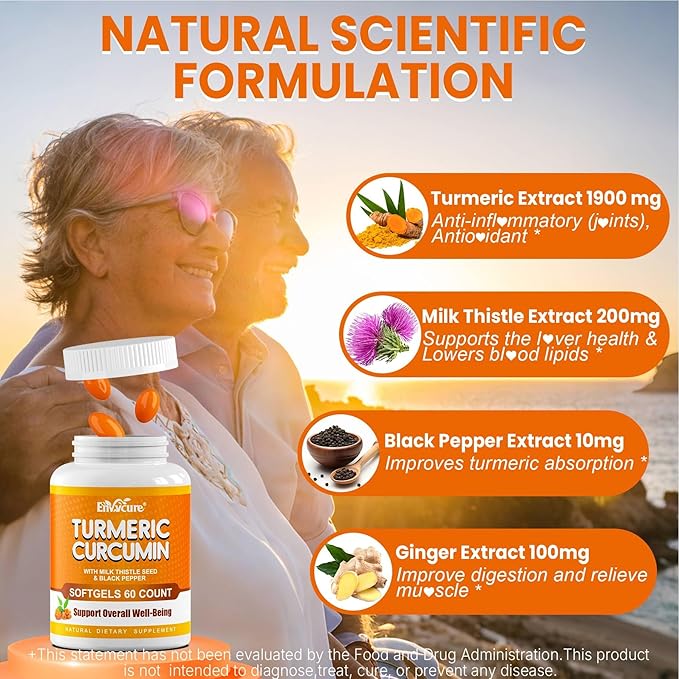5 in 1 Turmeric Curcumin Softgels 2000mg with Milk Thistle Seed Extract & Black Pepper, Ginger Root - Immune, Liver Support - 95% Curcuminoids - Turmeric and Ginger Supplement Softgel Capsules