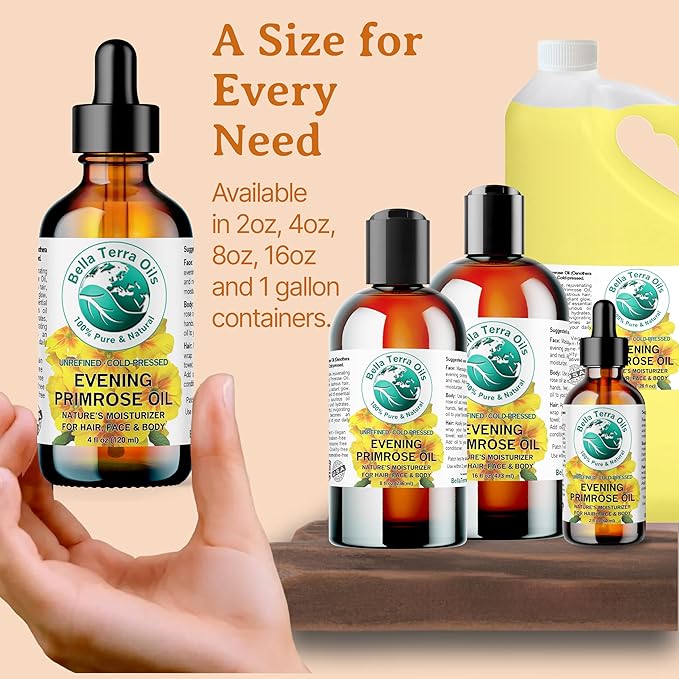 Bella Terra Oils - Organic Evening Primrose Oil 4 oz - Dive into Pure Primrose Essence, Abundant in Fatty Acids, A Luxurious Blend for a Radiant Glow