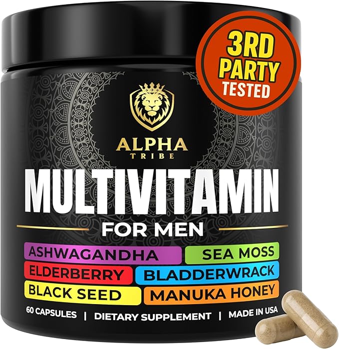 Alpha Tribe Multivitamin for Men with Seamoss Black Seed Oil Ashwagandha Burdock Root, Turmeric Bladderwrack, Vitamin C, Elderberry, Manuka, Yellow Dock | Daily Men's Vitamins and Minerals Supplement