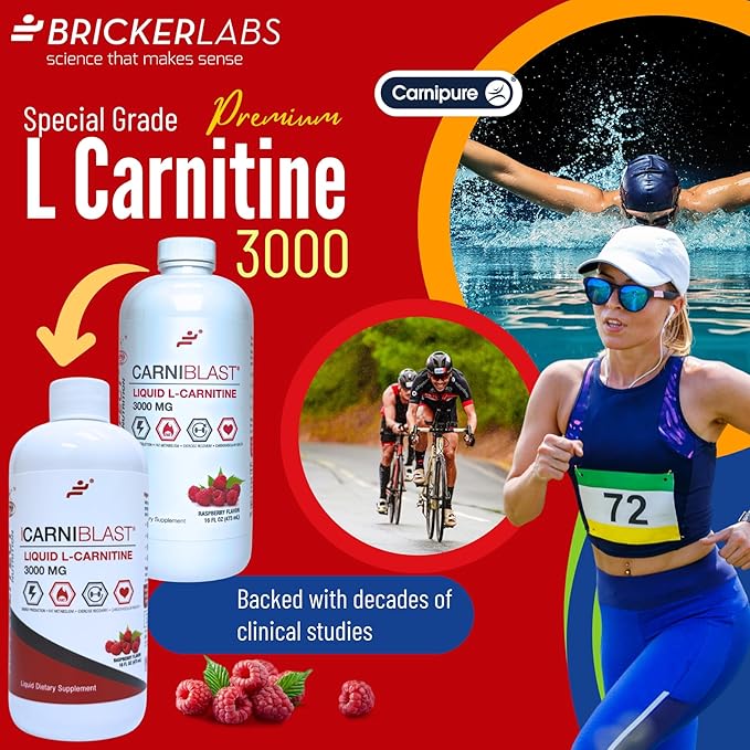CARNIBLAST Liquid L-Carnitine 3000mg, Premium L Carnitine Carnipure, Energy Nutrition, Energy Supplement and Energy Booster, Raspberry, 16 fl oz
