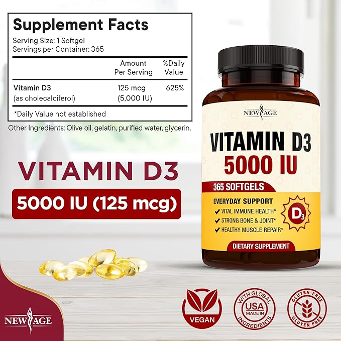 NEW AGE Vitamin D3 5000 IU 125mcg Softgels - Support Immune Support, Strong Bone Health - Non-GMO, Gluten-Free, Dairy-Free,1 Year Supply (360 Softgels (Pack of 1))