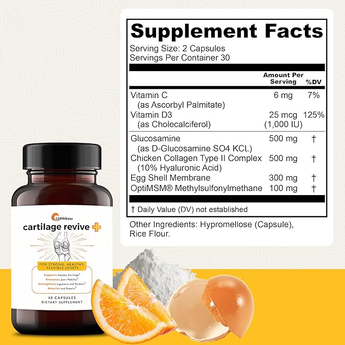 Cartilage Revive + Joint Support Supplement for Men and Women with Type II Collagen for Joints - D-Glucosamine Sulfate, MSM, Vitamin D3, Vitamin C and More - 60 Capsules