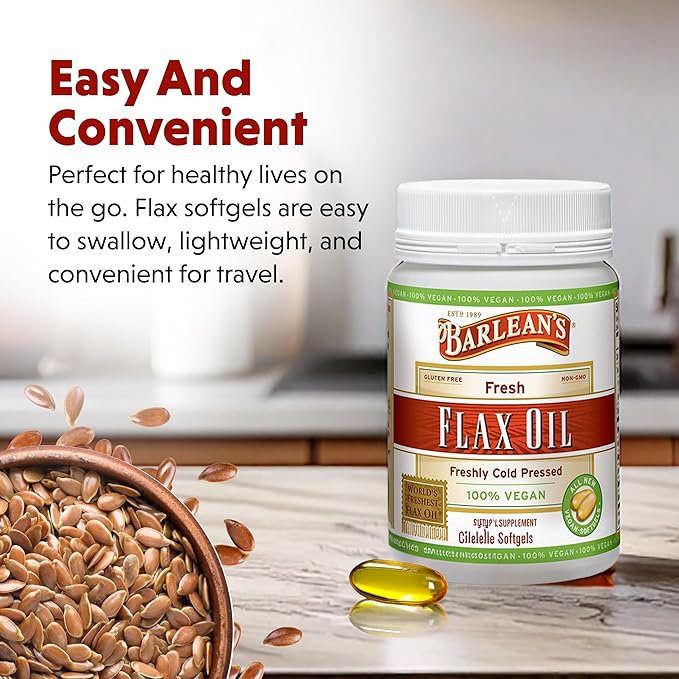 Barlean's Vegan Flaxseed Oil Supplements, Cold-Pressed Flax Seed Supplement Softgels with 1650 mg ALA Fatty Acids, 100 Count