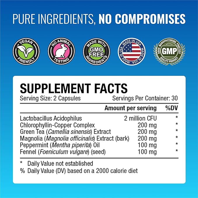 Approved Science Odorol - 60 Capsules - Freshen Bad Breath and Body Odor - Contains L.acidophilus, Green Tea, Magnolia Bark, Peppermint Oil, and Fennel - All Natural, Vegan Friendly, Non-GMO