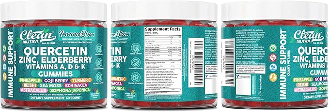 Clean Nutraceuticals Quercetin Zinc Elderberry VitaminDVitaminK2 Goji Berry Turmeric Sea Moss Echinacea Astragalus Mushrooms Olive Leaf Extract D3K2 Selenium Supplements Immunity 60 Gummies