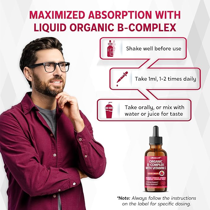 Organic B-Complex Liquid Drops with Vitamin C - B1, B2, B6, B12, B5, Niacin - Energy Support, Brain Wellness - Raspberry Flavor - Made in USA - 2.0 fl oz (60ml)