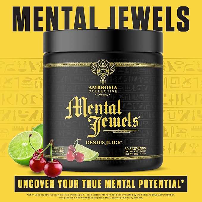 Ambrosia Mental Jewels Powder - Cognitive Enhancer | Increase Memory, Communication Skills, Concentration & Focus | Decrease Reaction Time | Alpha GPC, Choline, BaCognize | 30 Servings| Cherry Limeade