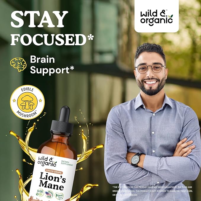 Wild & Organic Lions Mane Liquid Drops - Brain & Focus Support - Lion's Mane Mushroom Supplement - Hericium Erinaceus Mushroom Drops - Vegan, Sugar & Alcohol-Free Extract Tincture - 4 fl oz