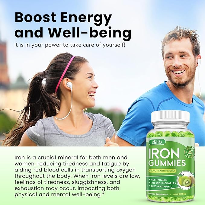 Iron Gummies with Multivitamin, Iron Supplement for Women & Men with Zinc, Vitamin B Complex & C, B12, Folate - Blood Builder & Energy Support for Adults & Kids - Green Apple & Kiwi Filled Gummies