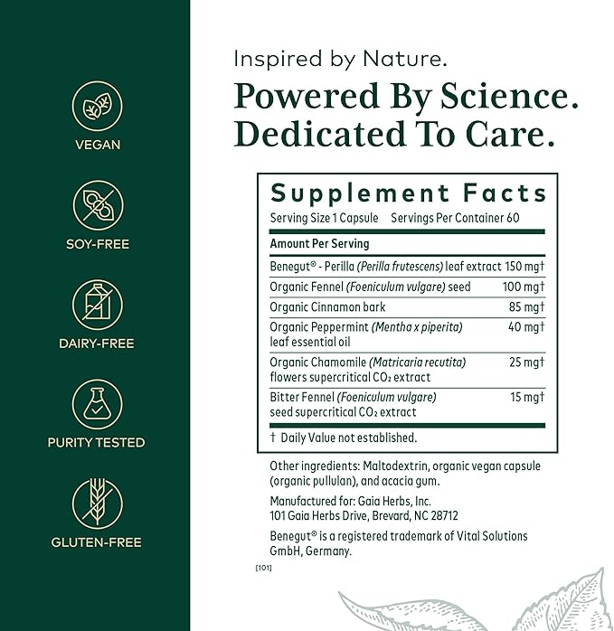 GAIA HERBS PRO GI-BFF Digestive Health Support Supplement - GI Health Supplement with Organic Fennel & Cinnamon Bark - Benegut for Occasional Gas & Bloating* - 60 Capsules (60 Servings)