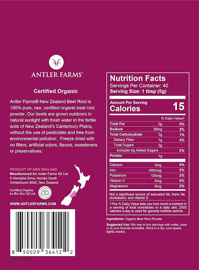 Antler Farms - 100% Pure Organic New Zealand Beet Root Powder, 40 Servings, 200g - Freeze Dried, Raw, Vegan, Gluten Free, Naturally Rich in Nitrates for Performance & Vitality