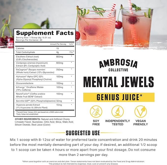 Ambrosia Mental Jewels Powder - Cognitive Enhancer | Increase Memory, Communication Skills, Concentration & Focus | Decrease Reaction Time | Alpha GPC, Choline, BaCognize | 30 Servings| Cherry Limeade