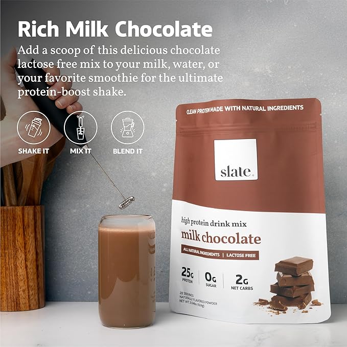 Slate Milk -High Protein Drink Mix Powder-Milk Chocolate,28 Servings Bag-Lactose Free,25g Protein,0g Sugar,110 Calories,2g Net Carbs,All Natural Ingredients-Breakfast Boost -Post Workout - 2.04 lbs
