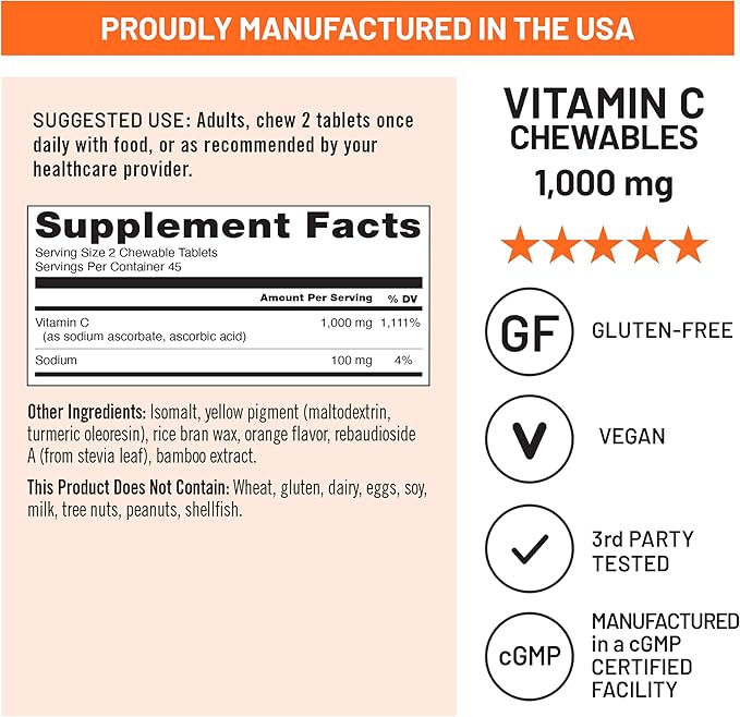 NatureWise Extra Strength Vitamin C Chewable 1000mg for Adults - Natural Orange Flavor - Immune System & Antioxidant Support - Non-GMO, Vegan & Sugar Free - 90 Chewable Tablets[45-Day Supply]