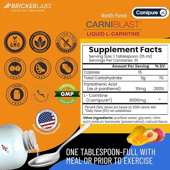 CARNIBLAST Liquid L-Carnitine 3000mg – Carnipure® Sports Nutrition Supplement for Energy, Stamina & Workout Recovery – Peach Mango Flavor, 16 Fl Oz, Vegan, Gluten-Free, Non-GMO