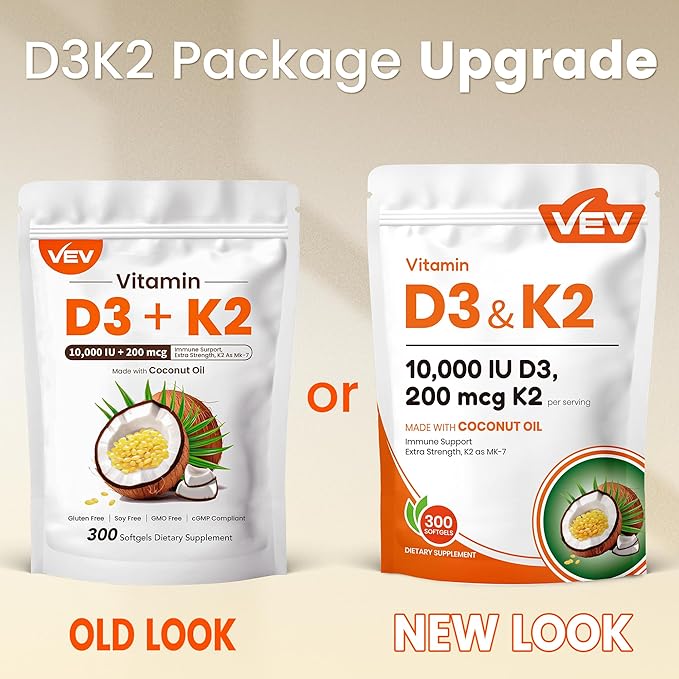 VEV Vitamin D3 K2 10000 IU, 300 Coconut Oil Softgels, Corefeel 2 in 1 Vitamins Supplement D & K (Include MK7), Easy to Swallow, Supports Calcium Absorption, Bone Healthh