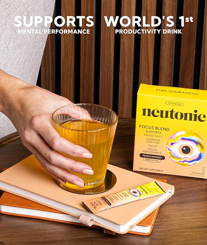 Neutonic Nootropic Focus Blend Powder | Peach Mango 16 Sticks | Caffeine Free, Zero Sugar | Support Memory, Mental Clarity, Cognitive Function | Boost Focus, Energy, Brain Health