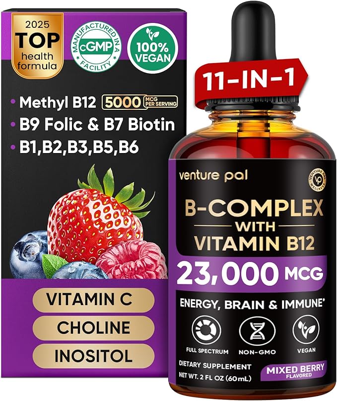 Venture Pal 11-in-1 Vitamin B Complex Liquid Drops, B12 Methylcobalamin | B9 Folic | B1,B2,B3,B5,B6,B7 - Vitamin C, Choline, Inositol, Immune & Energy Metabolism, Brain & Heart Support