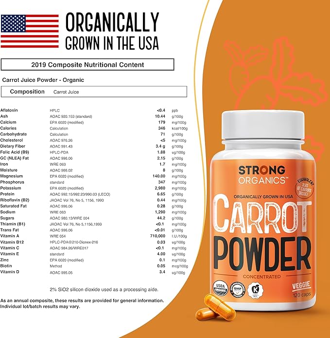 USDA Organic Carrot Powder Capsules (120), Grown in USA, Eye Support, Beta Carotene, Vitamin A, Carotenoids, Antioxidants,106°F Max, Vegan, Kosher-2 Months Supply