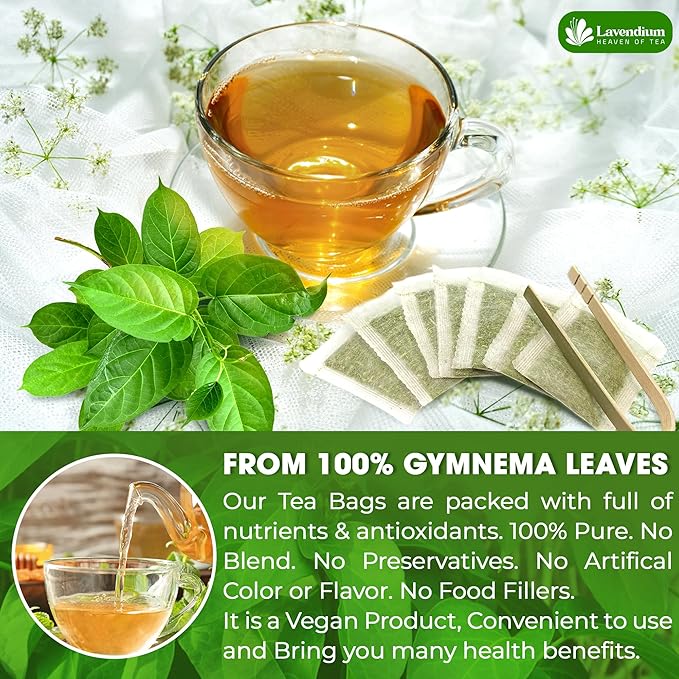 Lavendium, Premium 120 Gymnema Leaf Tea Bags, 100% Natural & Pure from Gymnema Leaves. Gymnema Tea Bags for Diabetics - COLD-DRIED for Maximum Freshness and Nutrient Retention. No Sugar, Vegan.