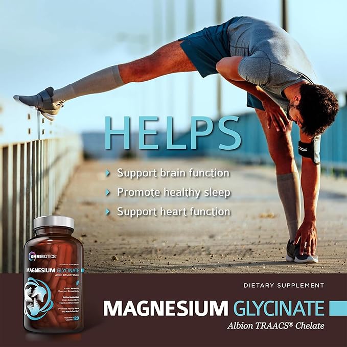 OmniBiotics Magnesium Glycinate Supplement – with 100% Pure Albion TRAACS Bisglycinate Chelate for Sleep, Muscle, Nerve & Heart Health – 120 Vegan Capsules