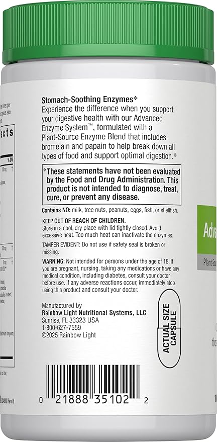 Rainbow Light Advanced Enzyme System, Plant-Source Enzyme Blend, 180 Capsules (Package May Vary)
