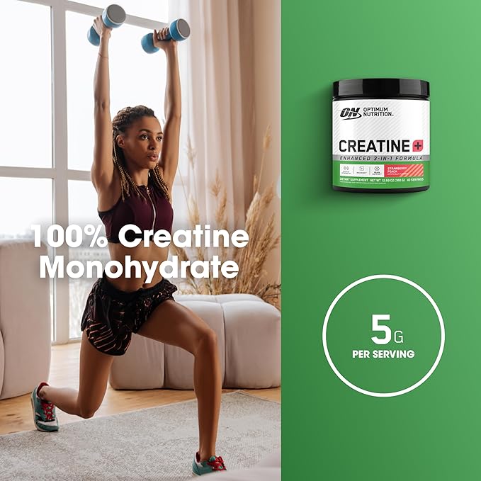 Optimum Nutrition Creatine Monohydrate Plus Powder, Strawberry Peach Flavored Creatine Performance Blend, with Electrolytes for Hydration, Added Vitamins, 40 Servings, 360 Grams (Packaging May Vary)