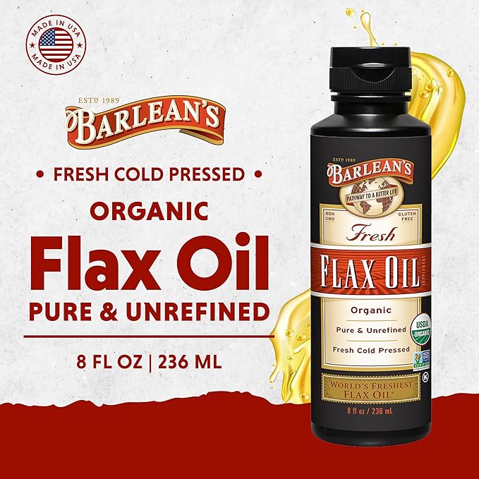 Barlean's Organic Flaxseed Oil Liquid from Fresh Cold Pressed Flax Seeds, 7,640mg ALA Omega 3 Fatty Acid Supplement for Skin and Hair Care, Vegan & Gluten Free, 8 oz