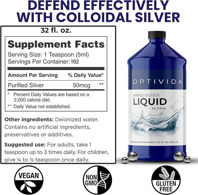 Optivida Health Nano Colloidal Silver Liquid (32 oz) – Immune Support Supplement with Silver Hydrosol, Liquid for Immune System Support, Colloidal Silver for Adults & Kids, Non-GMO, Gluten-Free