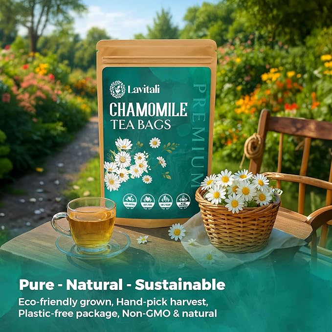 Lavitali, Chamomile Flower Tea| 60 bags, 100% Pure Herbal Tea | Caffeine-Free, Antioxidant-Rich, Eco-Friendly Filter Bag | Daily Natural Botanical, Hot or Iced Floral Infusion