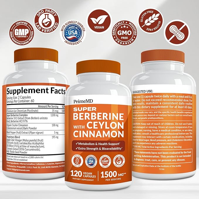 Super Berberine Supplement with Ceylon Cinnamon, BioPerine, Apple Cider, and Turmeric 1500mg - 8-in-1 Dihydroberberine Supplement for Overall Wellness and Balance Support, 120 ct