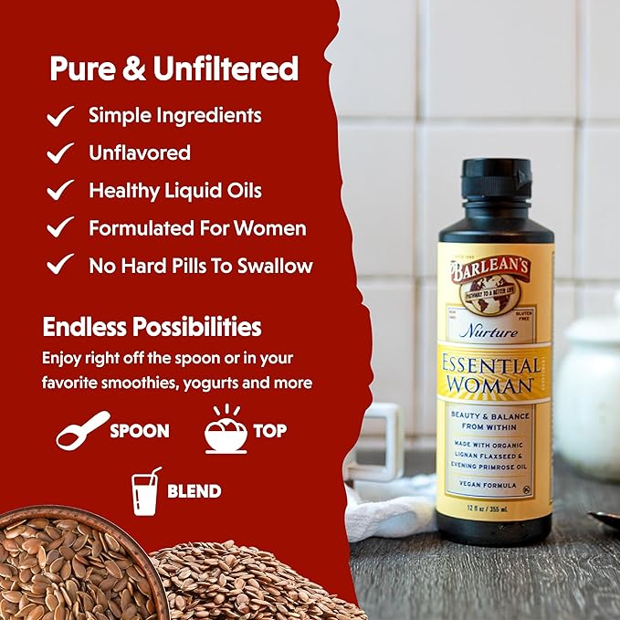 Barlean's Essential Woman Liquid Supplement for Women, Organic Flaxseed and Evening Primrose Oil for Healthy Hair, Nails and Skin, Omega 3 6 9 and GLA, 12 oz