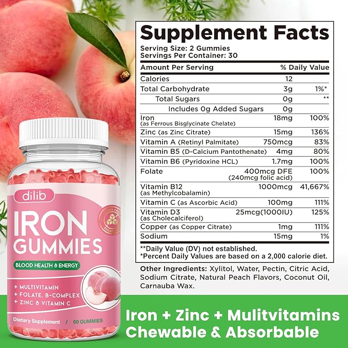 Iron Gummies with Multivitamin, Iron Supplement for Women & Men, Kids Multivitamin with Zinc, Vitamin B Complex & C, B12, Folate - Blood Builder, Energy Support, Peach Flavor, Vegan 120 Gummies