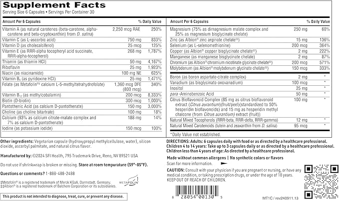 Klaire Labs SFI Health MultiThera 1 Iron-Free Multivitamin & Multimineral Capsule Formula with Essential Micronutrients - High Potency with Bioactive Folate & B12 - No Iron (180 Capsules)