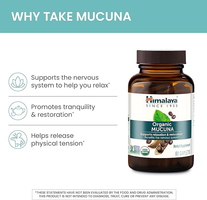 Himalaya Organic Mucuna/Pruriens Herbal Supplement, Supports Relaxation, Tension Relief, Brain Function, Non-GMO, USDA Organic, Vegan, Gluten Free, 600 mg, 60 Plant-Caplets, 60 Day Supply