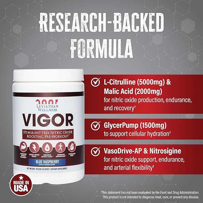 Vigor - Stimulant-Free Nitric Oxide Pre-Workout Powder | L-Citrulline (5000mg), Malic Acid (2000mg), GlycerPump (1500mg)| Blue Raspberry| 30 Servings, 13.86g Each | Made in The USA