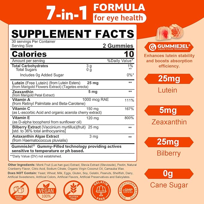 2 Pack Lutein and Zeaxanthin Supplements Gummies (25mg) Vitamins A, C, E, Bilberry, Astaxanthin - Coconut Oil for Better Absorption - for Adults & Teens Vision, Eye, Brain, Skin - Vegan, Sugar Free