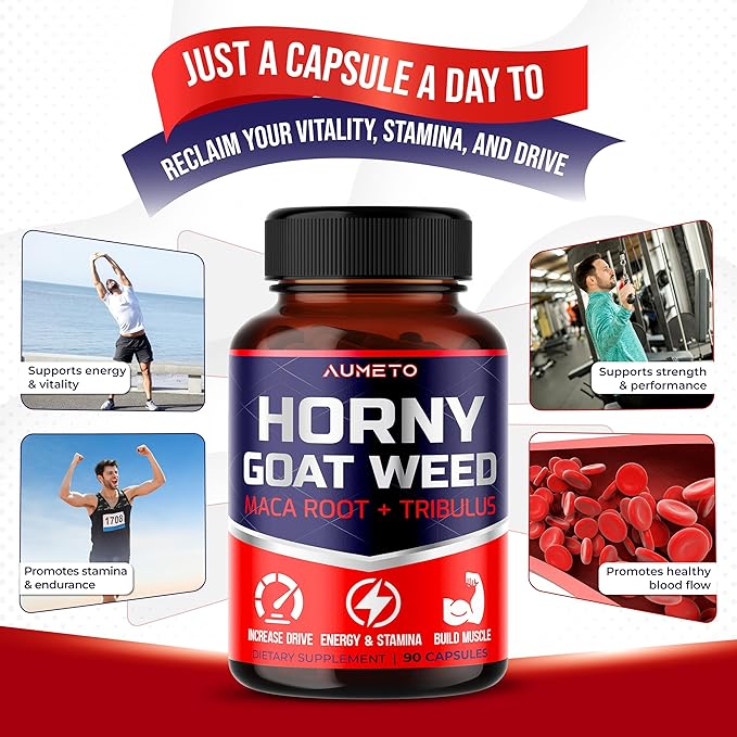 Horny Goat Weed Supplement with L-Arginine Tribulus Terrestris Maca Root Tongkat Ali - Male Energy, Strength and Memory Support (90 Count (Pack of 1))