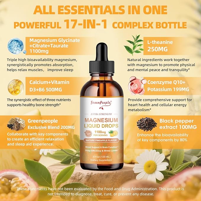 17-in-1 Triple Magnesium Complex Supplement,Magnesio Liquid Drops with Magnesium Glycinate & Citrate,Pineapple Flavor,Calm Mood,Muscle & Sleep for Adults,4 fl. oz 2Pack