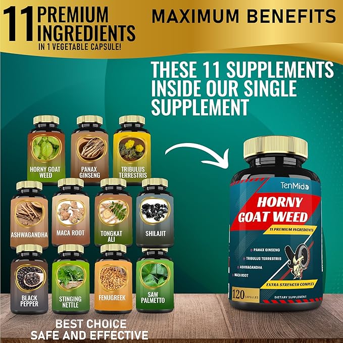Horny Goat Weed Capsules & Ginseng, Tribulus, Ashwagandha, Maca, Tongkat and More - 120caps