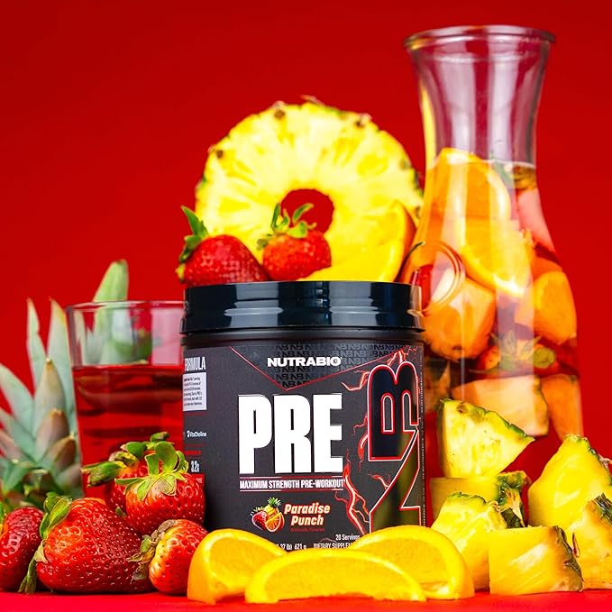 NutraBio PRE Workout Powder - New Formula- Sustained Energy, Mental Focus, Endurance - Beta Alanine, Caffeine, Electrolytes - 20 Servings - Paradise Punch