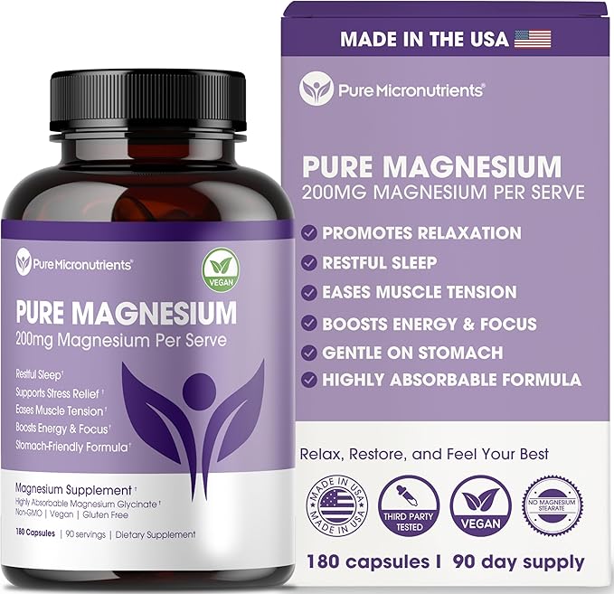 Pure Magnesium Glycinate Supplement – Highly Absorbable Chelated Magnesium for Sleep, Muscle & Nerve Health, Energy, Relaxation & Bone Health – 200mg Per Serving, 180 Capsules